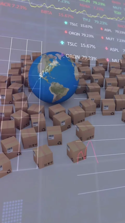 Animation of financial data processing over globe and cardboard boxes in Stock Footage 341658335