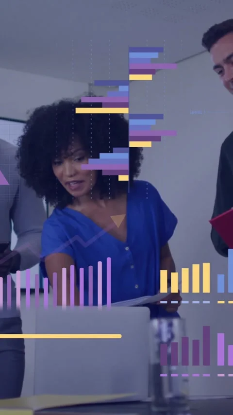 Animation of financial data processing over diverse colleagues having meeting in Vídeos de archivo 341659977
