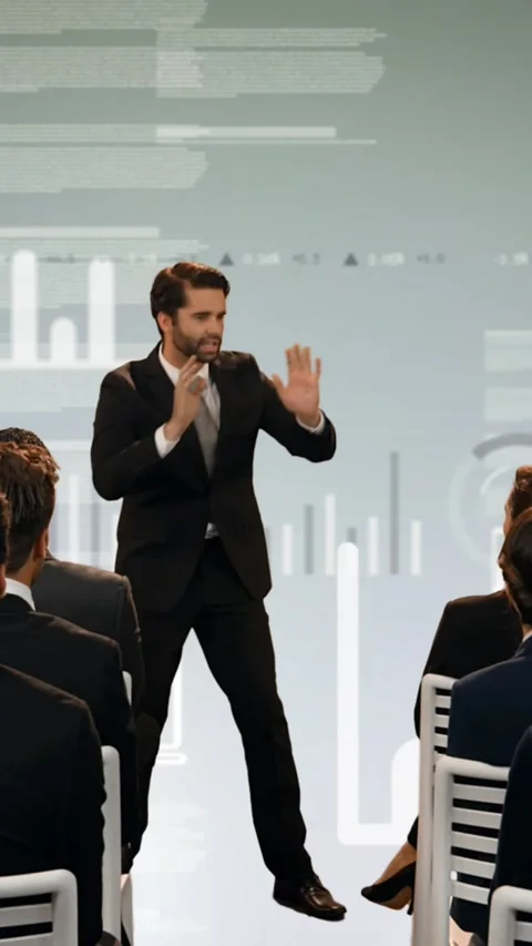 Animation of financial data processing over businessman giving presentation to Stock Footage 341918027