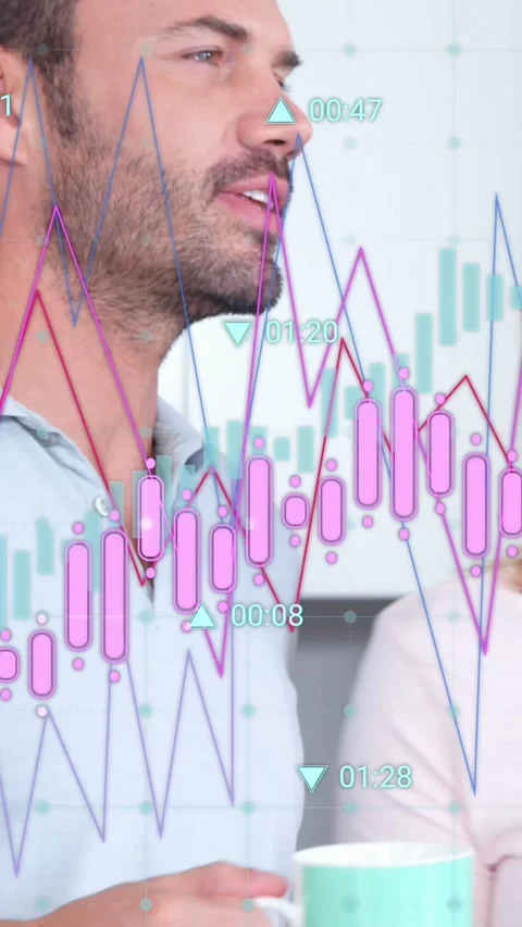Animation of financial data processing over caucasian couple drinking coffee Stock Footage 341927109