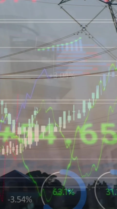 Animation of financial data processing over network towers against sunset sky Stock Footage 341956508