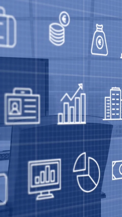 Animation of financial data processing over computer on desk in office Stock Footage 341956533