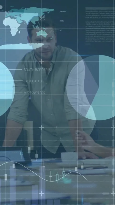 Animation of financial data processing over diverse colleagues discussing work Stock Footage 341956764