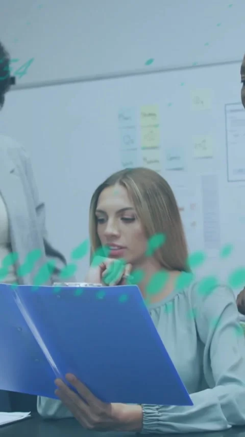 Animation of financial data processing over diverse colleagues discussing work Stock Footage 341956777