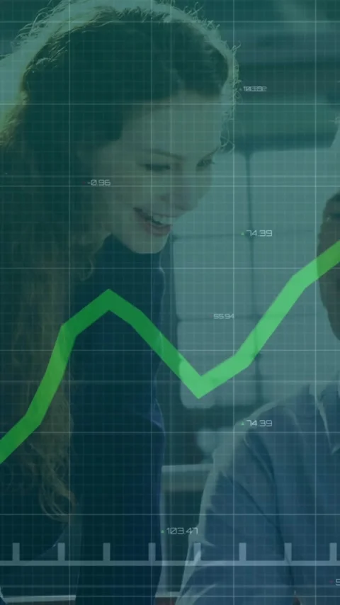 Animation of financial data processing over diverse colleagues discussing work Stock Footage 341956780