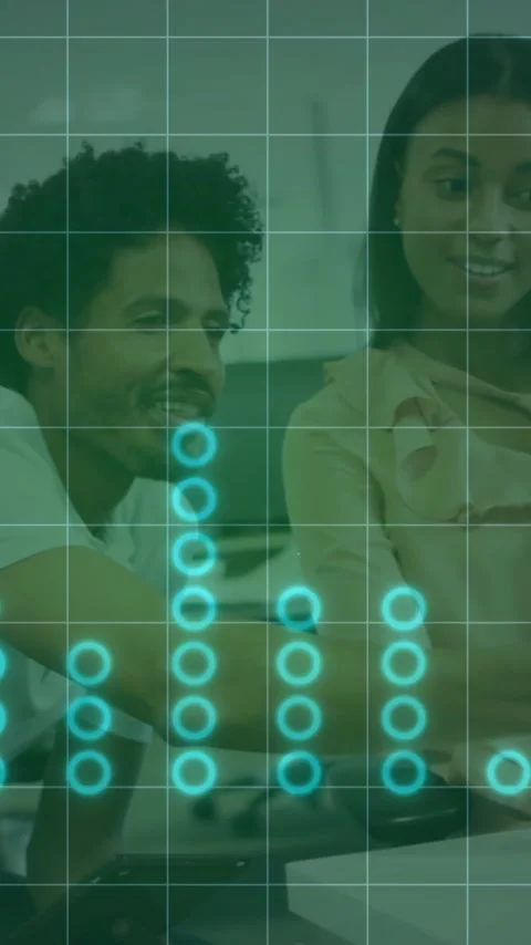 Animation of financial data processing over diverse colleagues discussing work Stock Footage 341956783