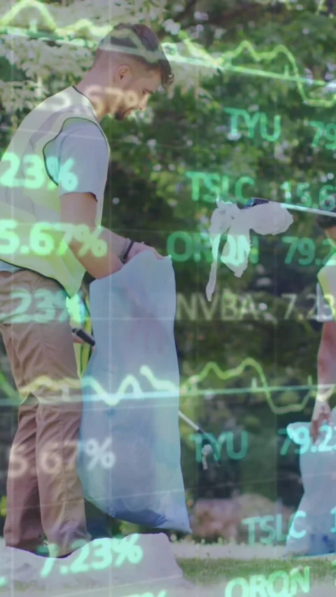 Animation of financial data processing over diverse people cleaning park Stock Footage 341976652