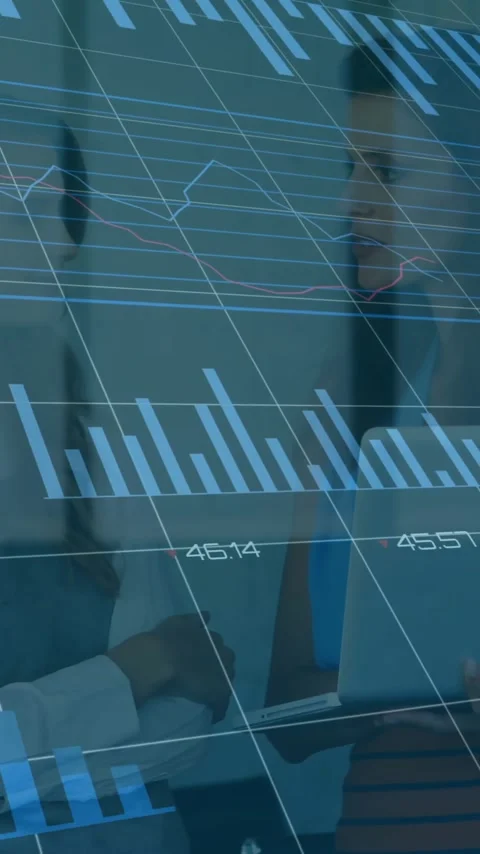 Animation of financial data processing over diverse colleagues discussing work Stock Footage 341976945