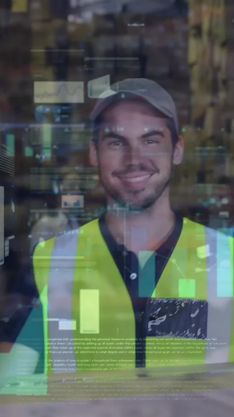 Animation of financial data processing over caucasian warehouse worker Stock Footage 341991337
