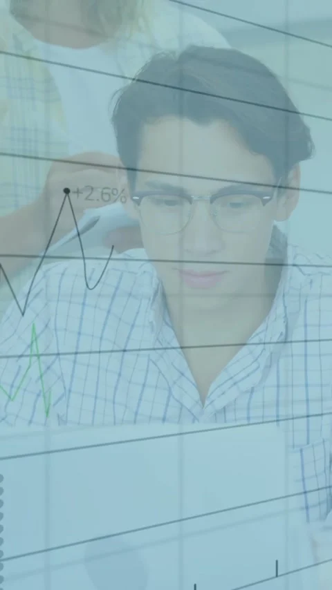 Animation of financial data processing over diverse colleagues discussing work Stock Footage 342003138