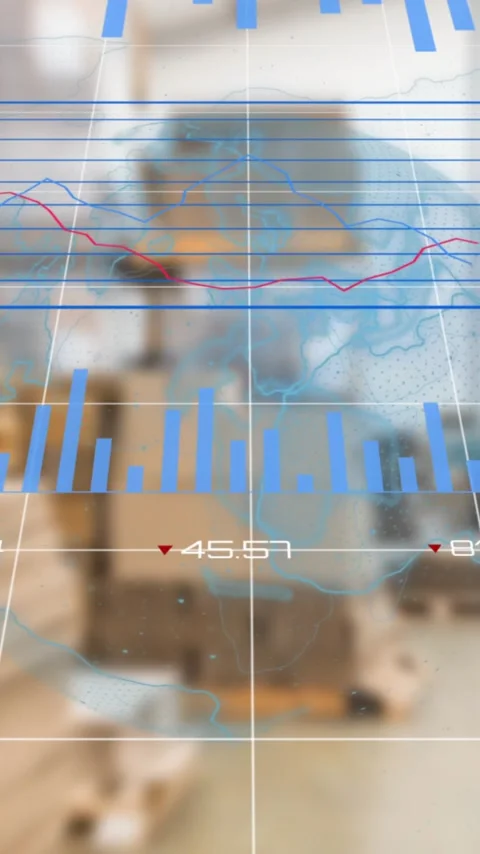 Animation of financial data processing over warehouse Stock Footage 342009238