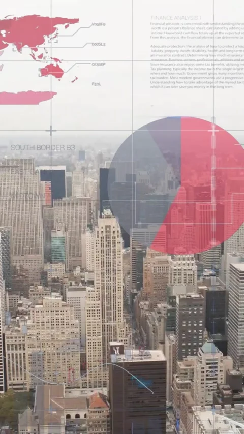 Animation of financial data processing over city Stock Footage 342009305