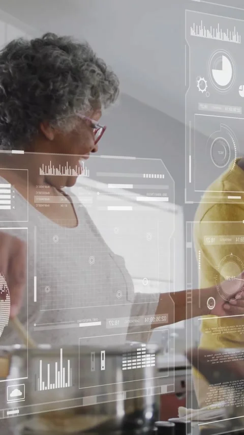 Animation of financial data processing over senior couple in kitchen Vídeo Stock 342010478
