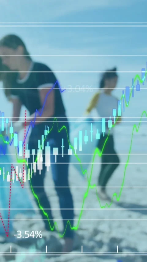 Animation of financial data processing over volunteers cleaning beach Stock Footage 342033873