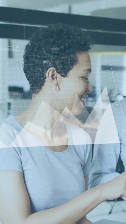Animation of financial data processing over diverse colleagues discussing work Stock Footage 342034037