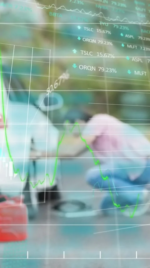 Animation of financial data processing over man changing car tires Stock Footage 342224936