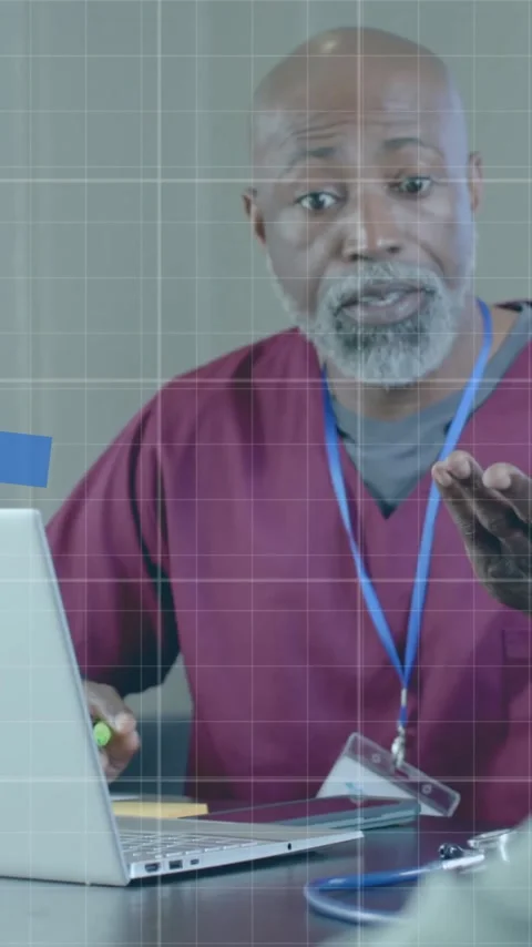 Animation of financial data processing over diverse doctors in office Stock Footage 342595195