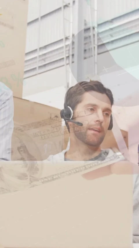 Animation of financial data processing over diverse workers in warehouse Stock Footage 342599570