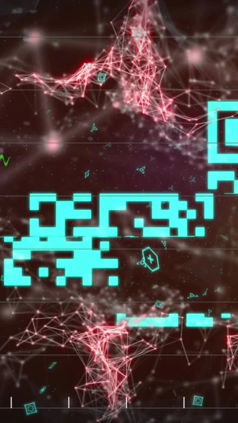 Animation of financial data processing over qr code and connections Vidéo 342600237