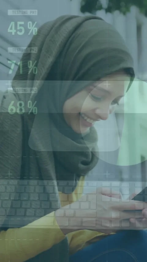 Animation of financial data processing over woman in hijab using smartphone Stock Footage 342601372