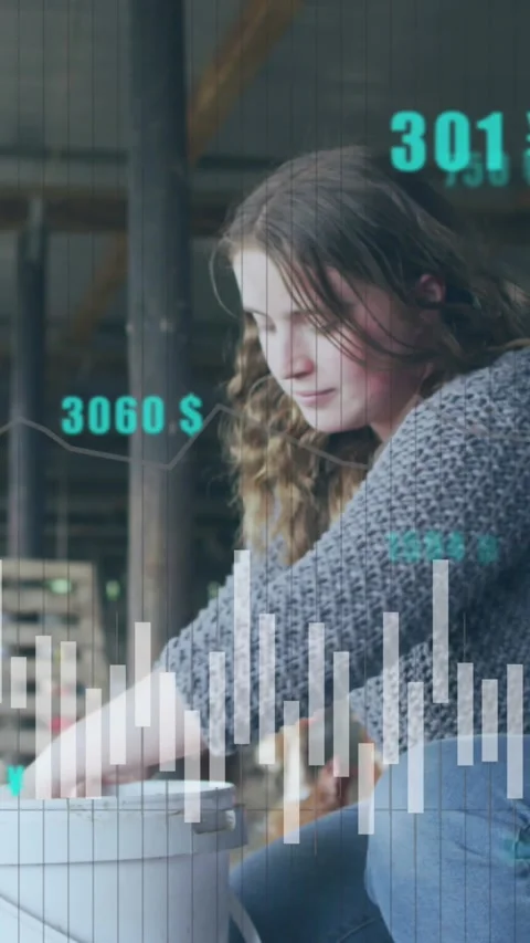 Animation of financial data processing over caucasian woman feeding chickens Vídeo Stock 342608725