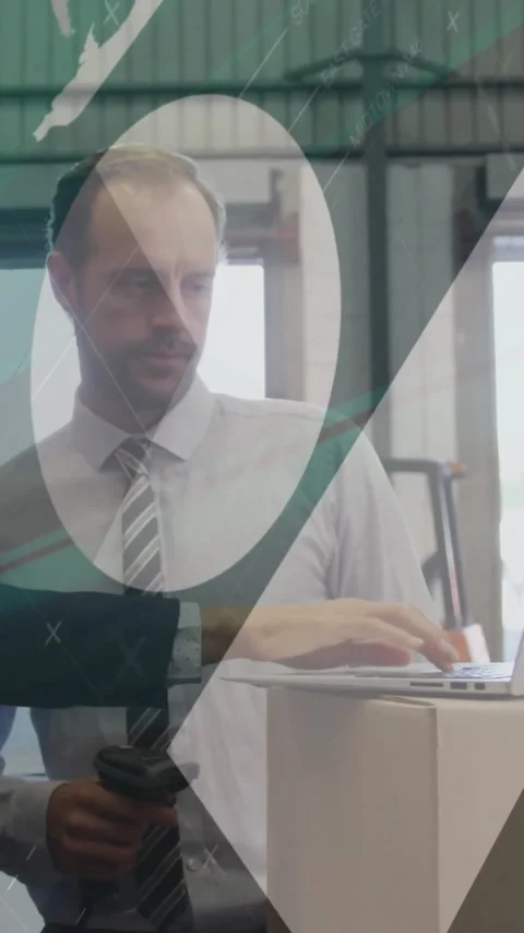 Animation of financial data processing over diverse workers in warehouse Stock Footage 342612302