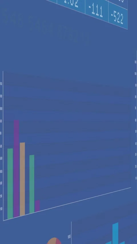 Animation of financial data processing over blue background Stockbeeldmateriaal 342613147
