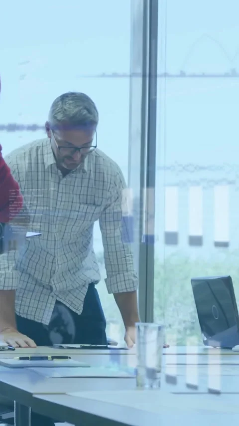 Animation of financial data processing over diverse business people in office Stock Footage 342650843