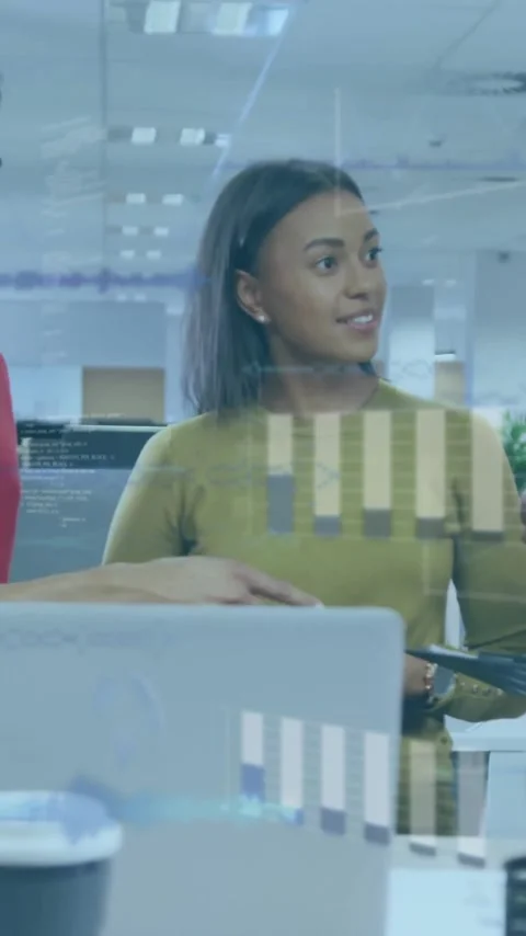 Animation of financial data processing over diverse business people in office Stock Footage 342650847