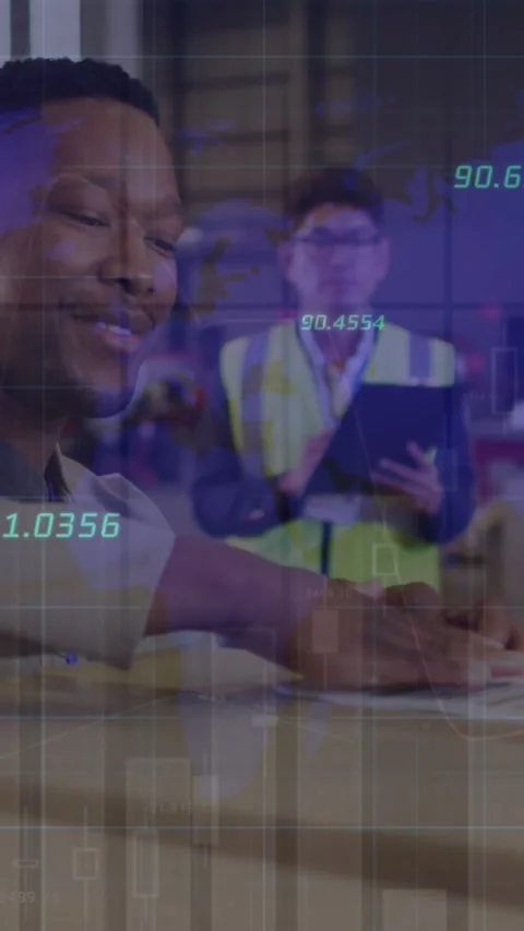 Animation of financial data processing over diverse people working in warehouse Stock Footage 342704509