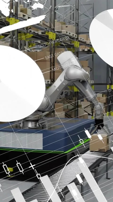 Animation of financial data processing over warehouse Stock Footage 342708041