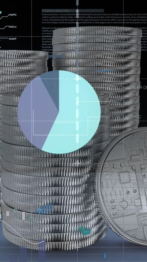 Animation of financial data processing over stacks of bitcoins Stock Footage 342802339