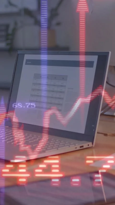 Animation of financial data processing over computer on office desk Stock Footage 342802459