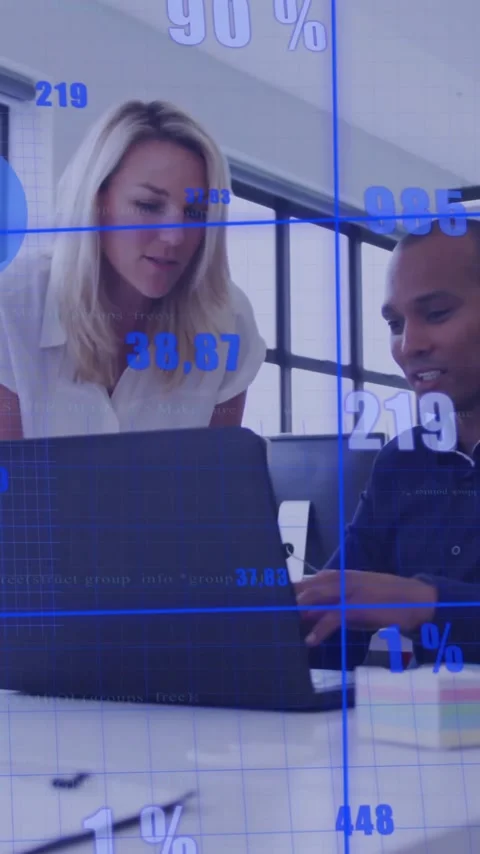 Animation of financial data processing over diverse business people in office Stock Footage 342806067