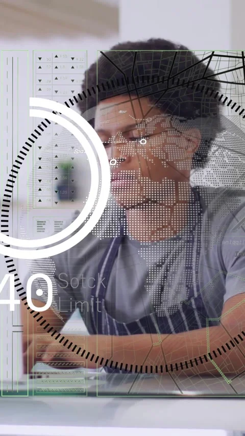Animation of financial data processing over barman using laptop in coffee shop Stock Footage 342806078