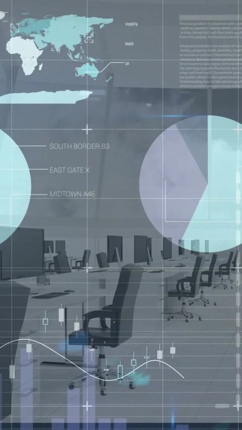 Animation of financial data processing over empty office Stock Footage 342806158