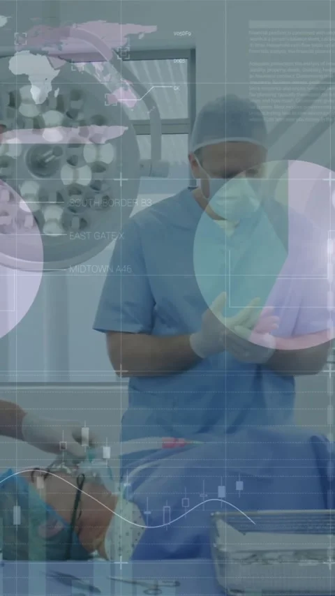 Animation of financial data processing over diverse surgeons Stock Footage 342806435