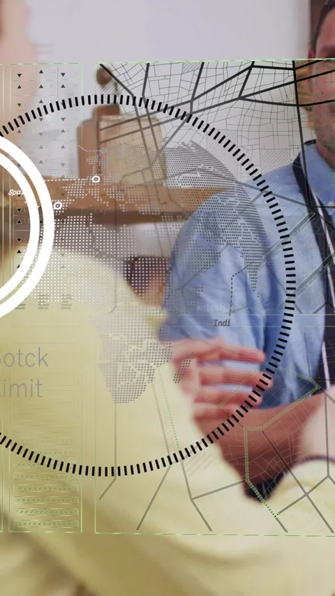 Animation of financial data processing over business people in coffee shop Stock Footage 342812344