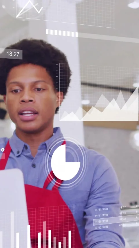 Animation of financial data processing over business people in coffee shop Stock Footage 342812354