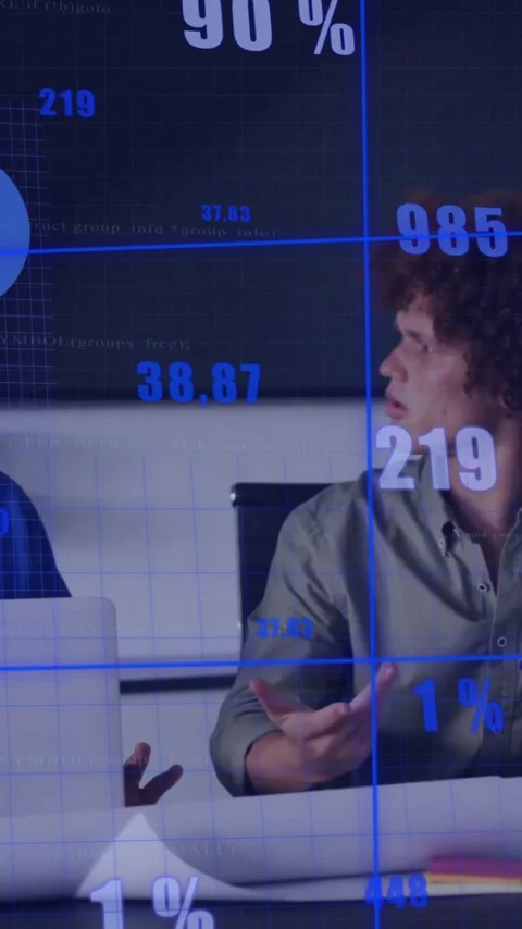 Animation of financial data processing over diverse colleagues discussing work Stock Footage 342812570