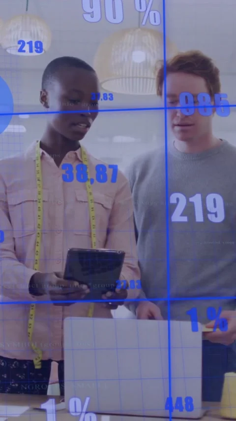 Animation of financial data processing over diverse colleagues discussing work Stock Footage 342812585