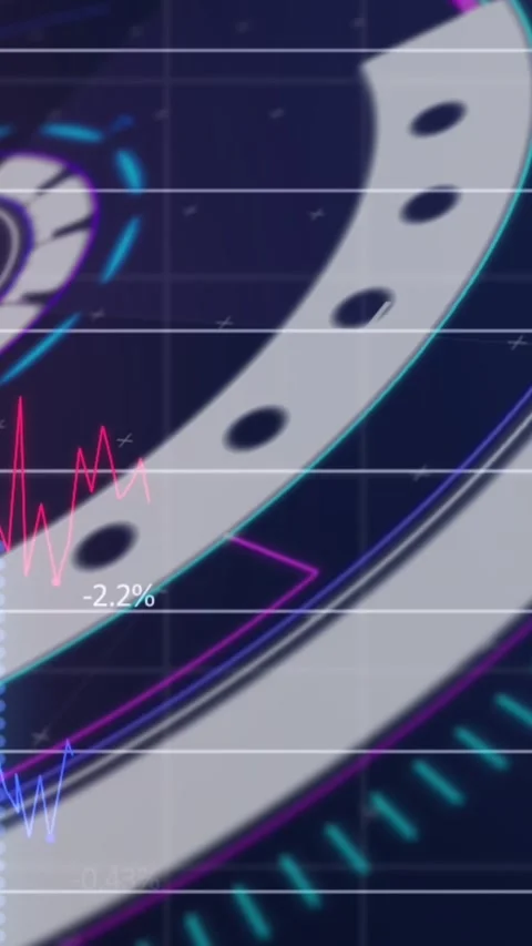 Animation of financial data processing over scan scoping on blue background Stock Footage 342914917