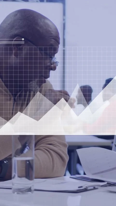 Animation of financial data processing over diverse colleagues discussing work Stock Footage 342915778