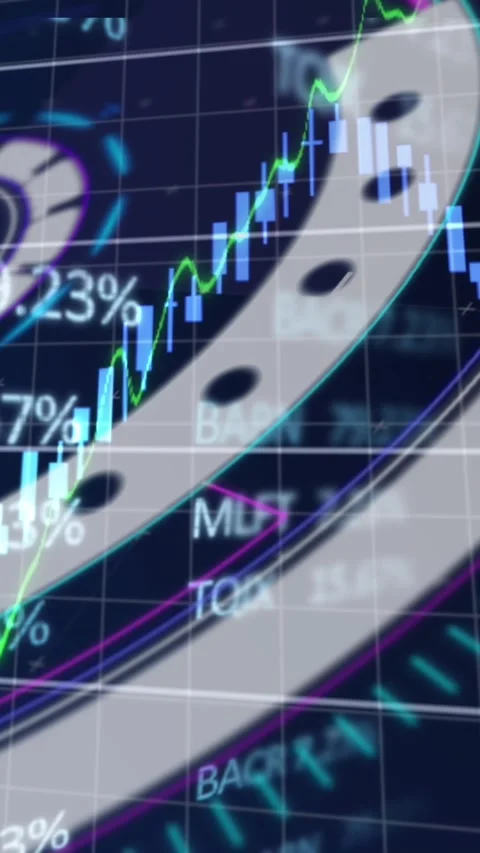 Animation of financial data processing over scan scoping on blue background Stock Footage 342953462