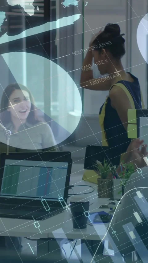 Animation of financial data processing over diverse business people in office Stock Footage 342953980