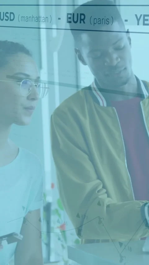 Animation of financial data processing over diverse colleagues discussing work Stock Footage 342997067