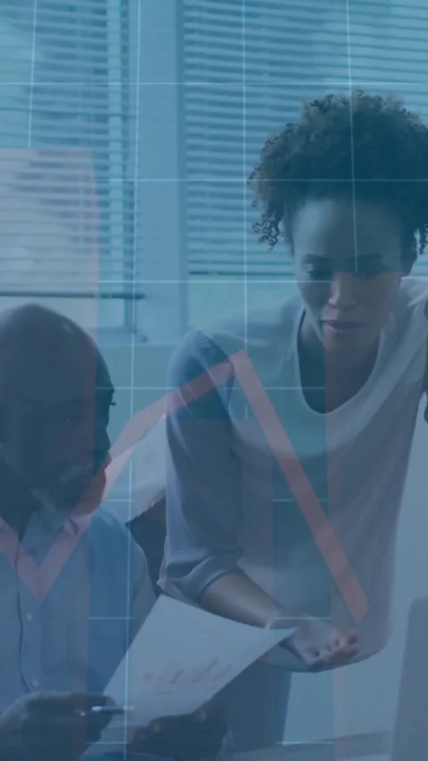 Animation of financial data processing over diverse colleagues discussing work Stock Footage 342997073