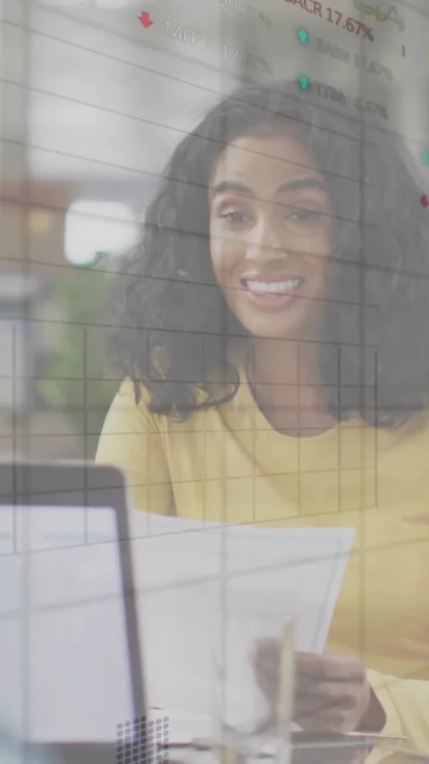 Animation of financial data processing over diverse business people in office Stock Footage 343028222