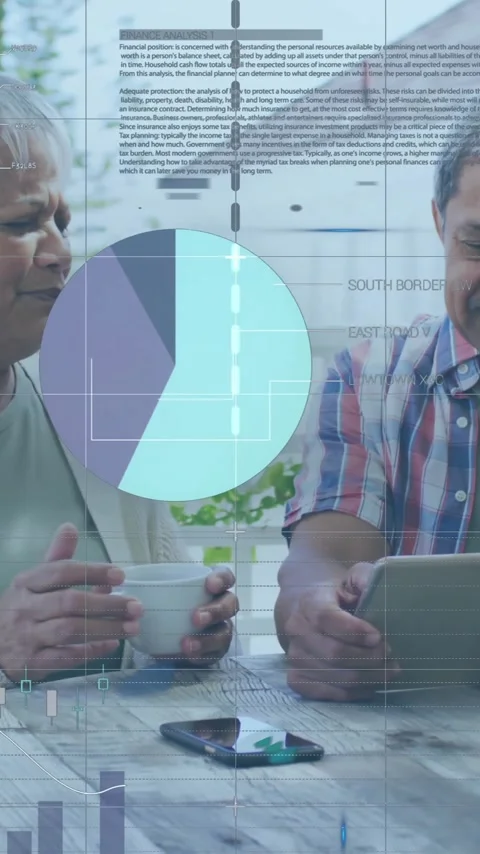 Animation of financial data processing over senior diverse couple using tablet Vídeo Stock 343091586
