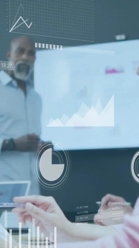 Animation of financial data processing over diverse business people in office Stock Footage 343091613